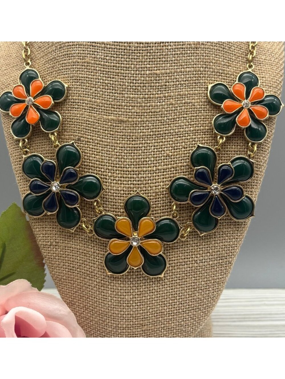 Gold-Tone Flower Statement Necklace Green Orange & Yellow Bib Collar Fall 20"